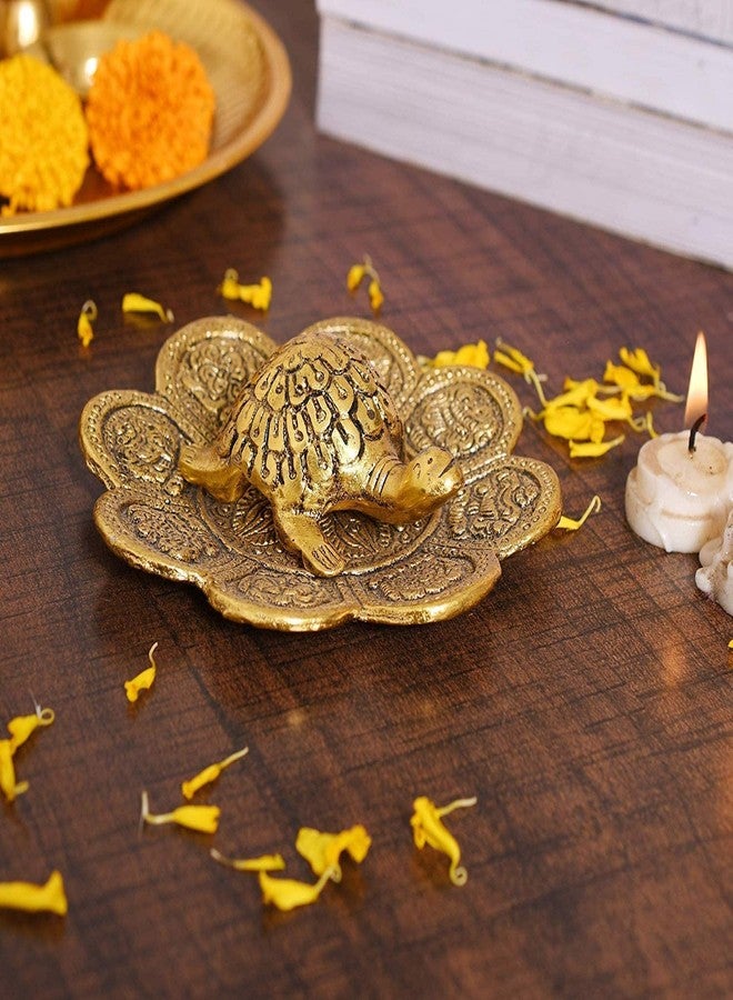 Denique Metal Feng Shui Tortoise On Plate Showpiece - Best Gift for Career and Good Luck Vastu - Turtle Figurine Lucky Charms Good Omens Good Health(Gold Color) - Image 2